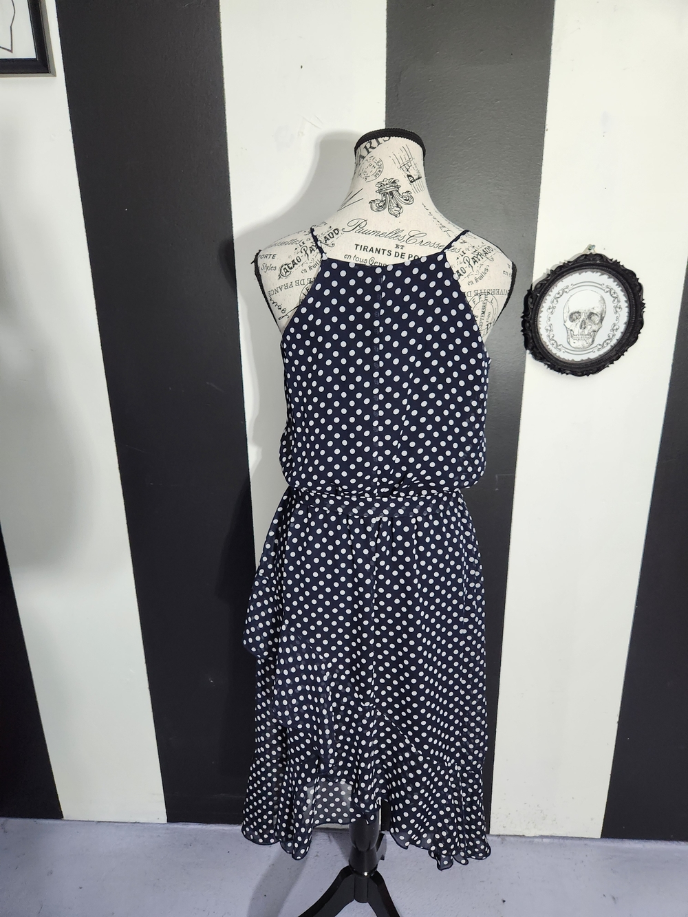 Polka Dot Navy Midi Dress with Tie Waist
